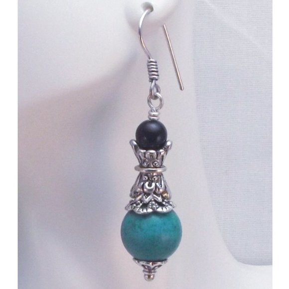 Turquoise Black Onyx and Silver Dangle Earrings - Picture 2 of 4